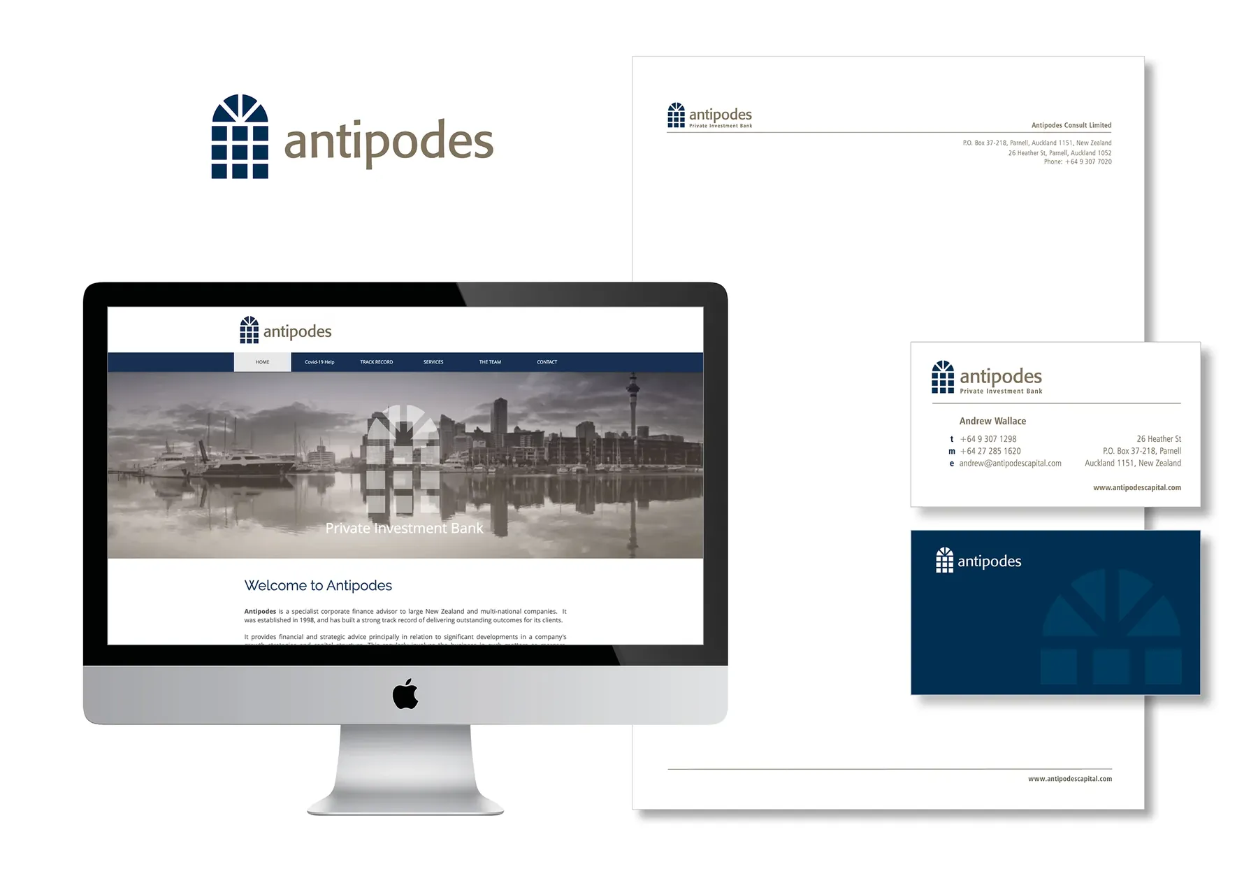 Antipodes logo, letterhead, business cards and website on a desktop screen