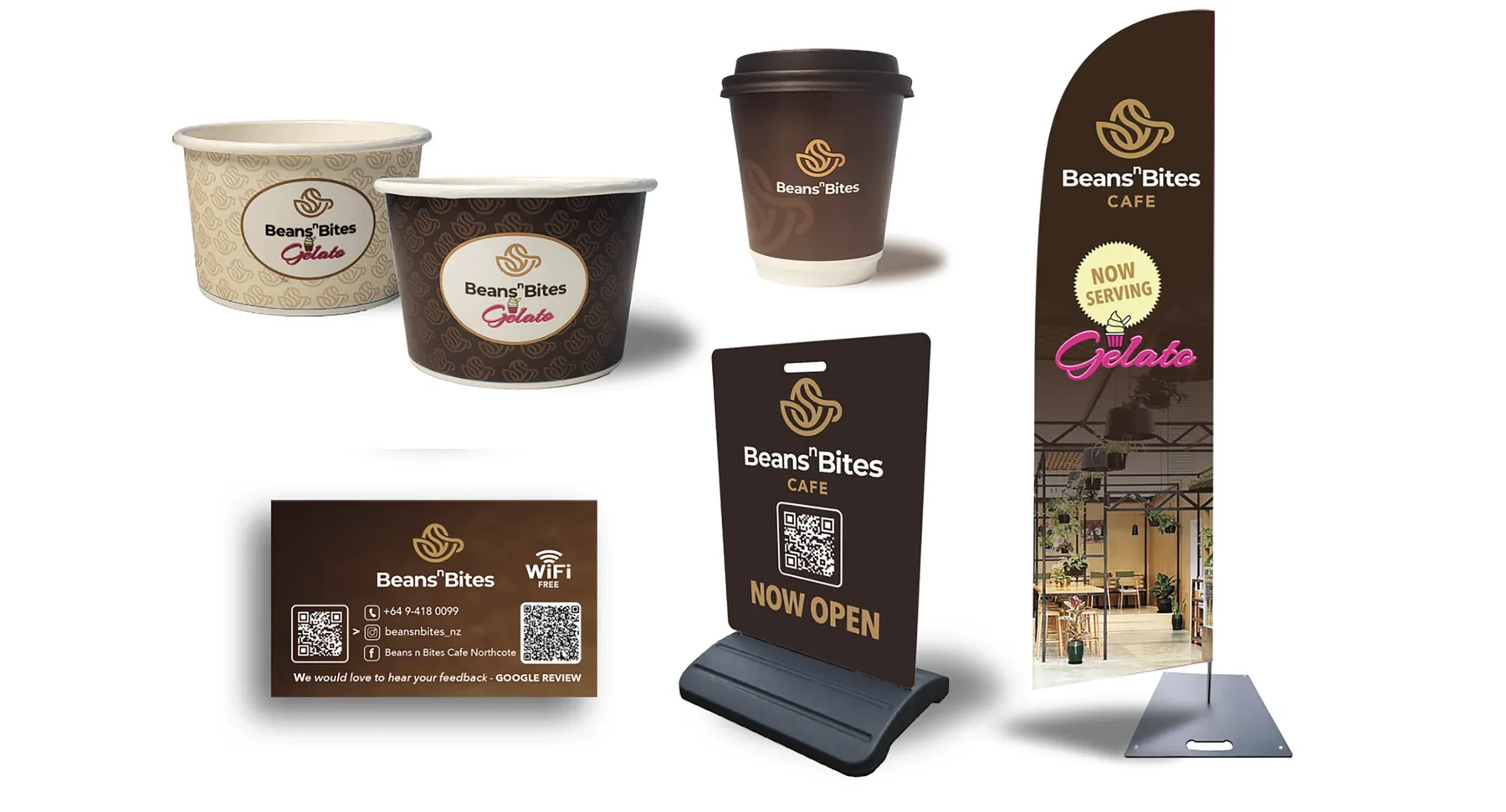Beans n’ Bites takeaway cups, gelato tubs, loyalty card, A-frame sign and feather flag