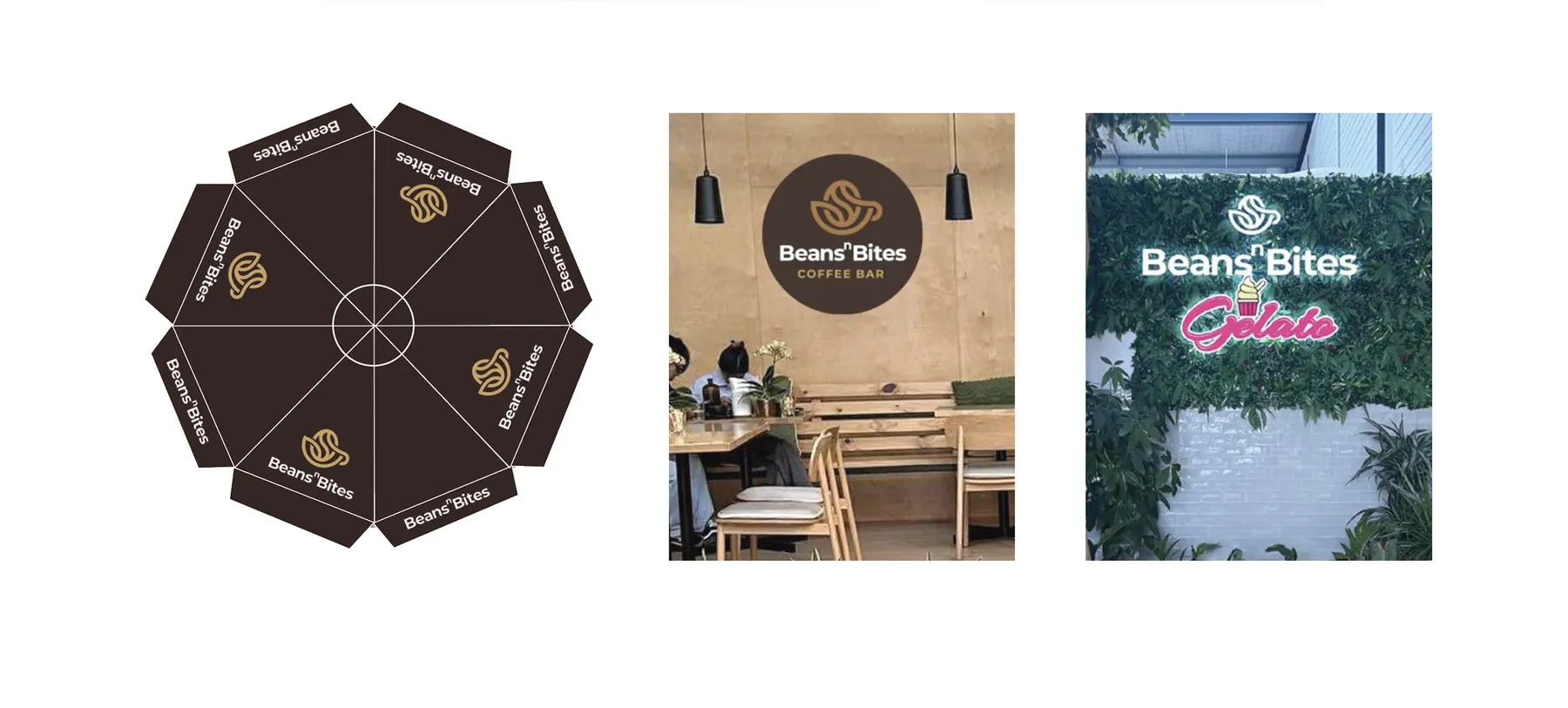 Café umbrella, illuminated wall sign and gelato wall sign