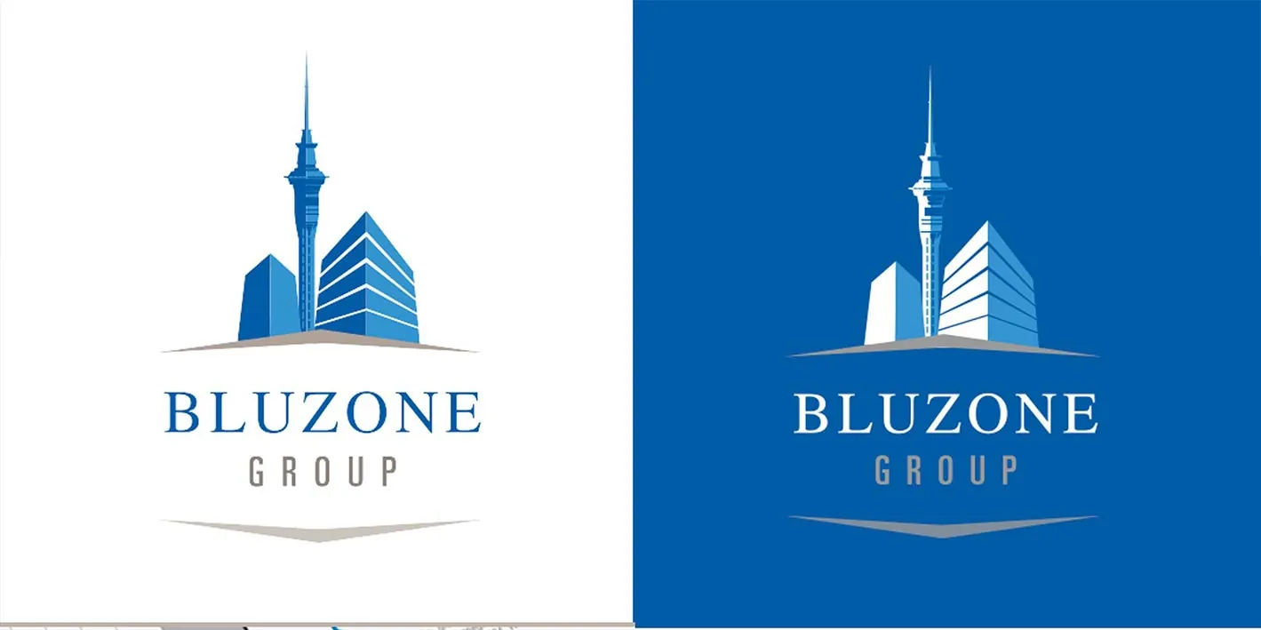 Bluzone Group logo on white and on blue