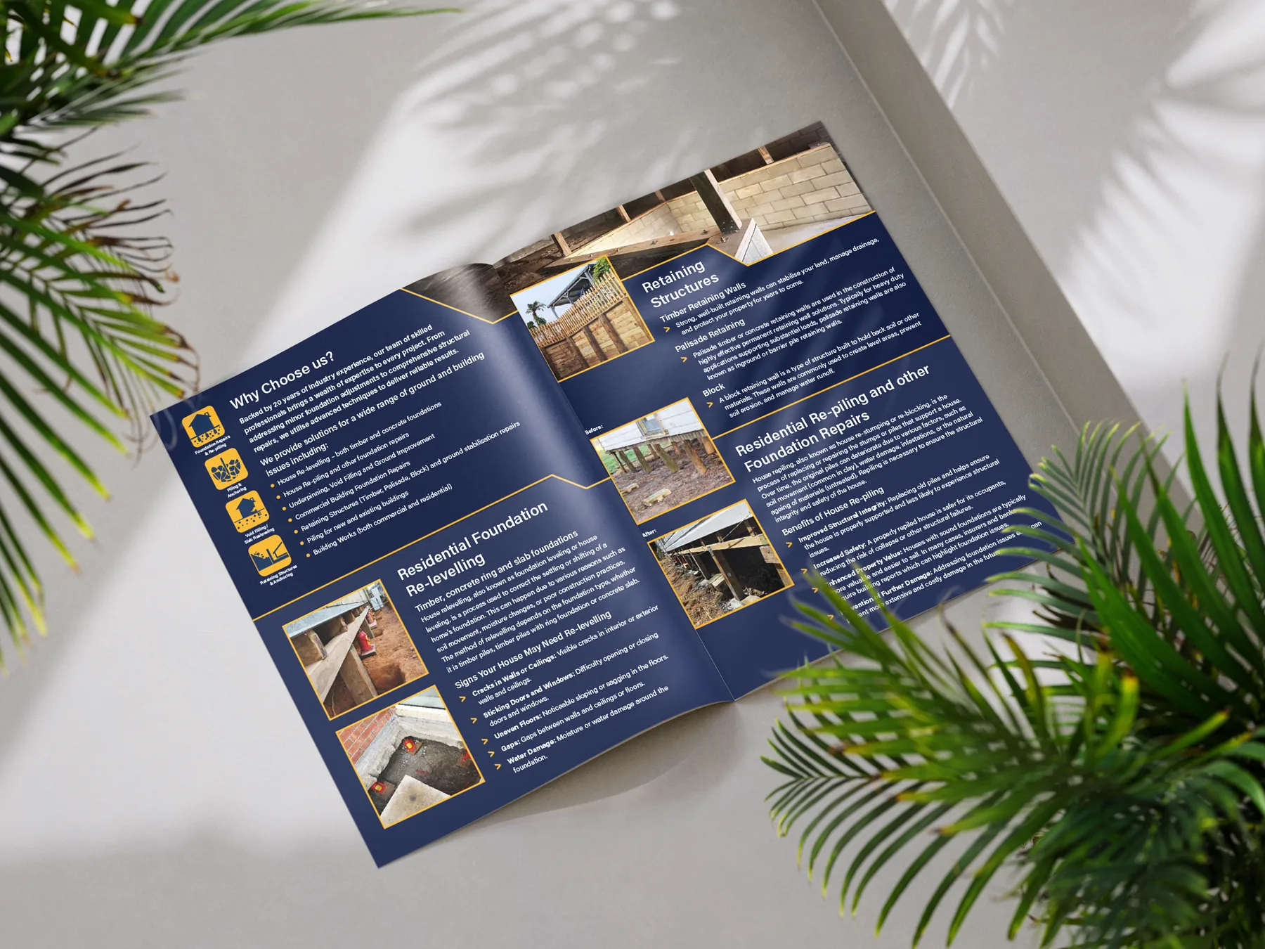 CCS brochure inside spread covering re-levelling, retaining structures and re-piling