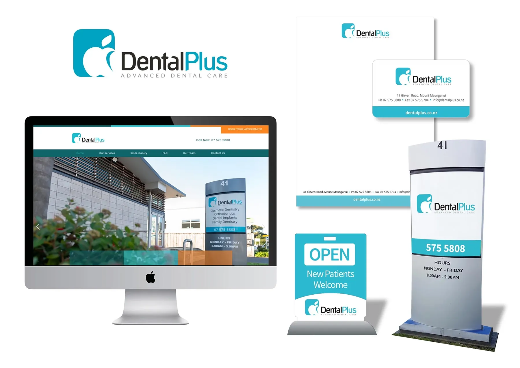 Dental Plus website, business cards, open sign and plinth sign