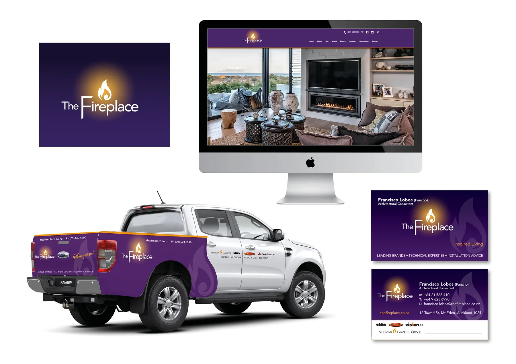 The Fireplace website, ute signage and business cards