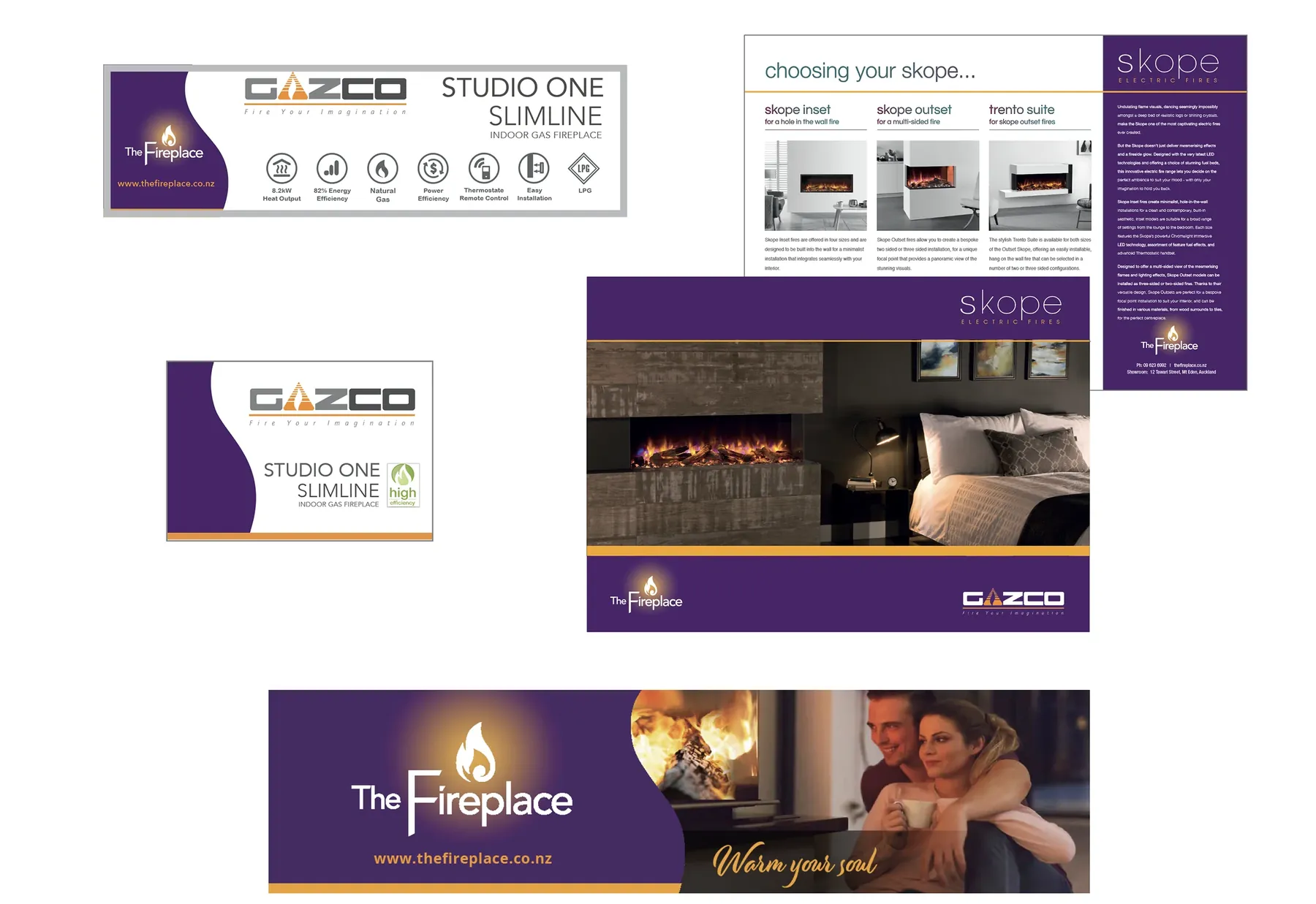The Fireplace point-of-sale labels, brochure and banner