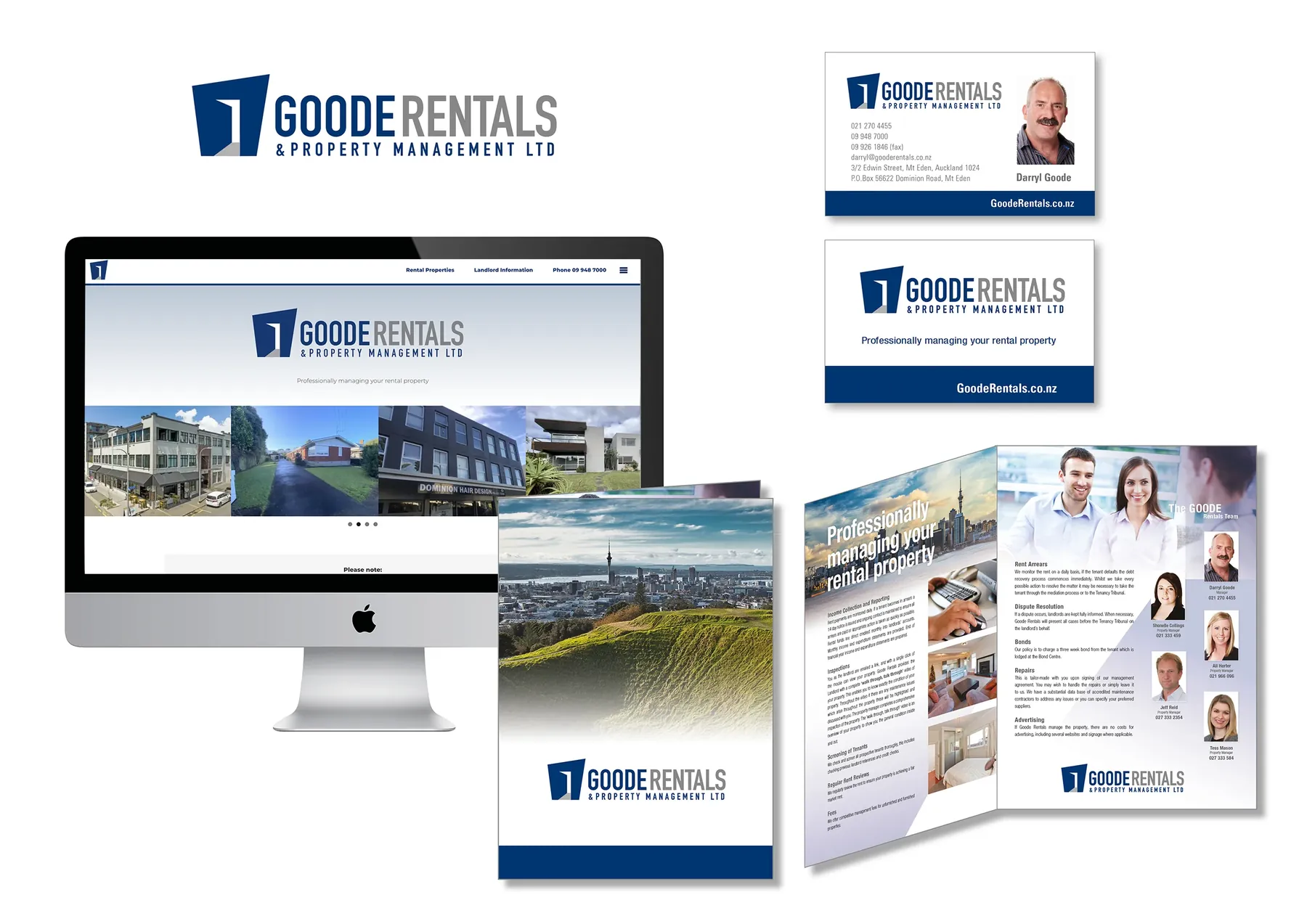 Goode Rentals website, business cards and brochures