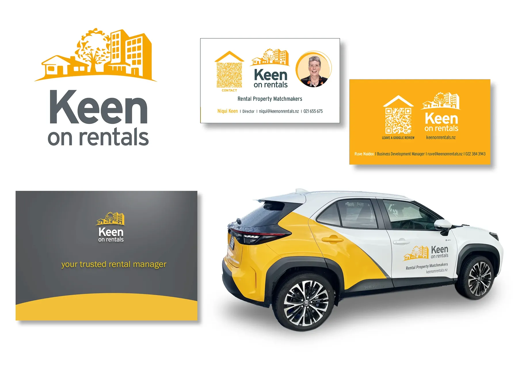 Keen on Rentals business cards, presentation folder and vehicle signage