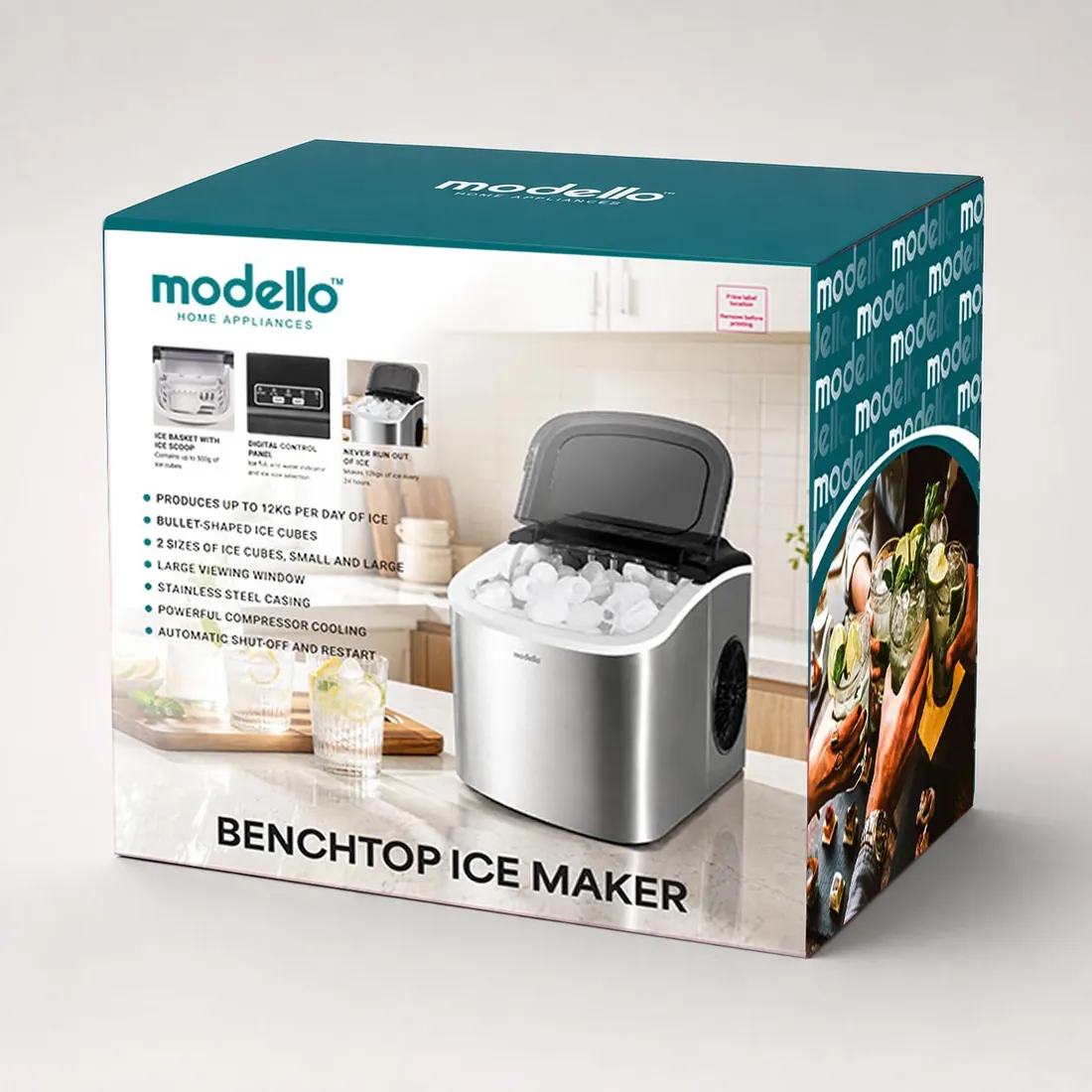 Modello benchtop ice maker box, front