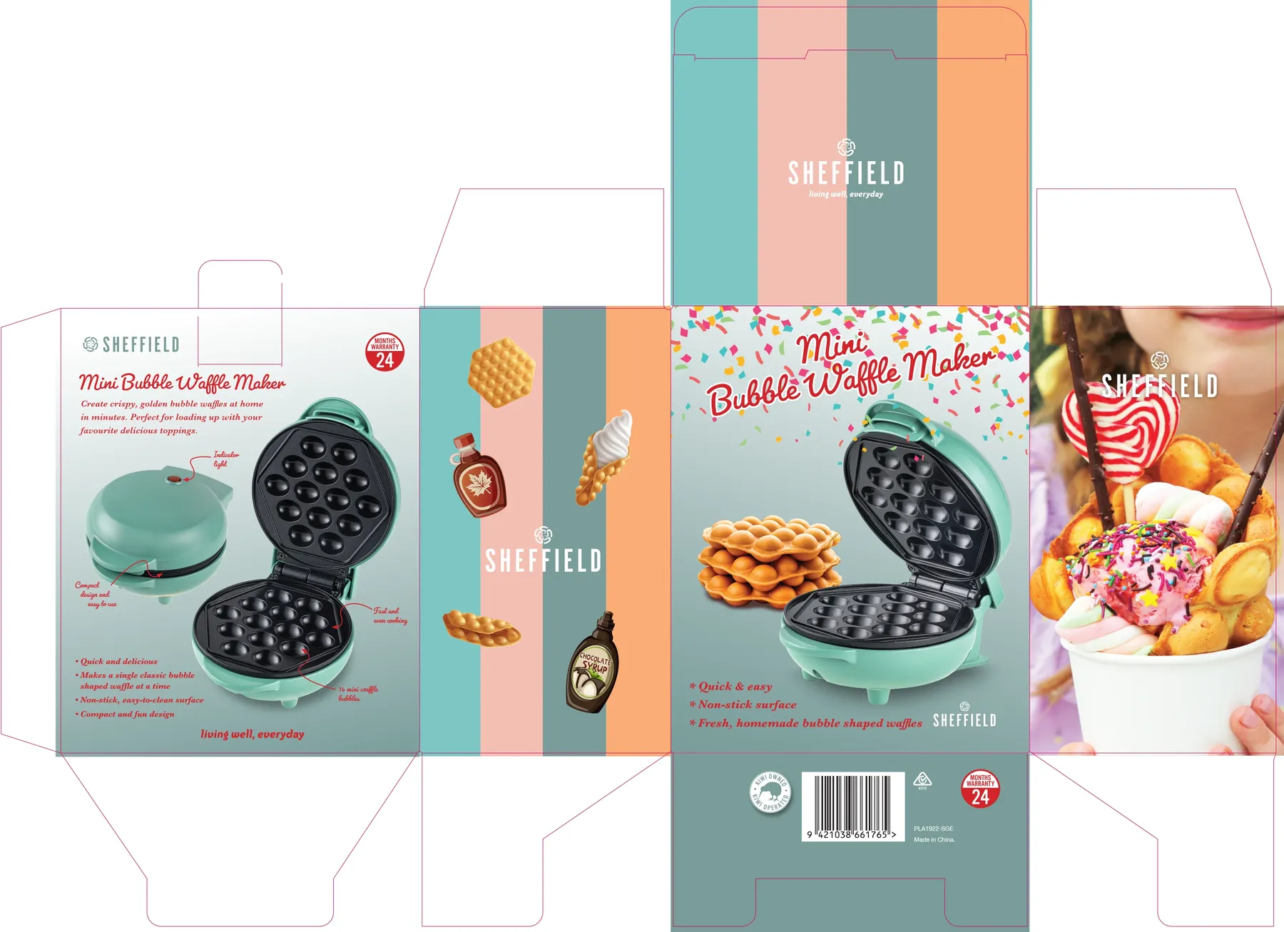 Sheffield Mini Bubble Waffle Maker box artwork, flat