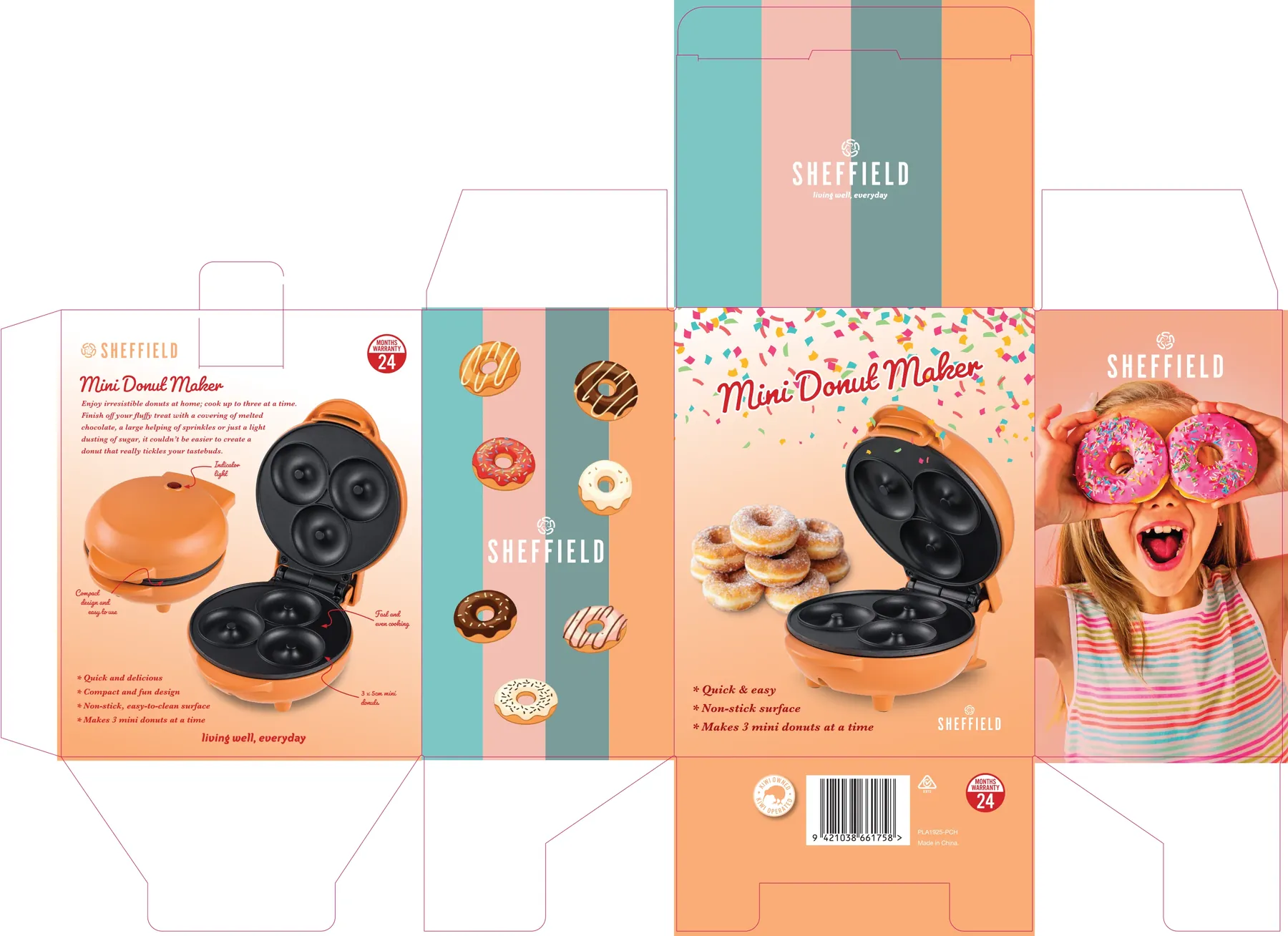 Sheffield Mini Donut Maker box artwork, flat
