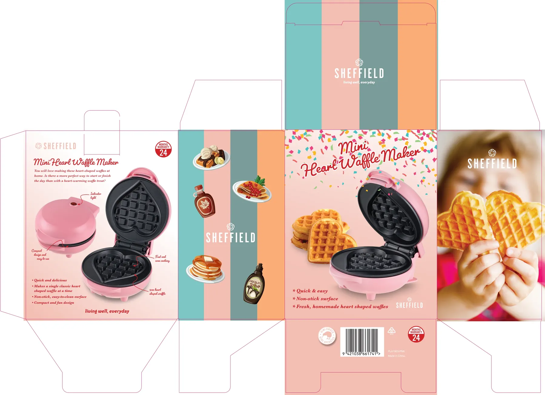 Sheffield Mini Heart Waffle Maker box artwork, flat
