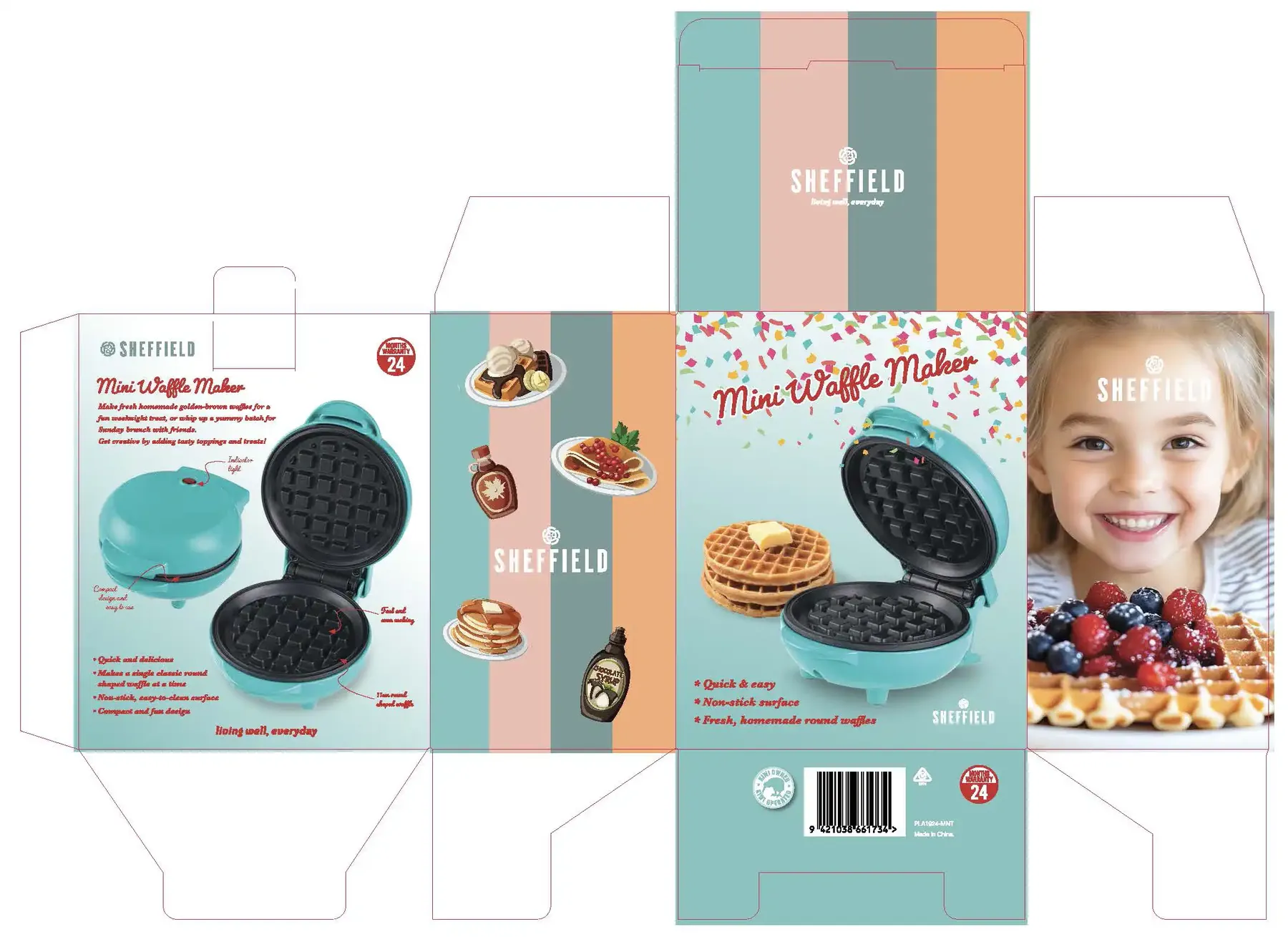 Sheffield Mini Waffle Maker box artwork, flat