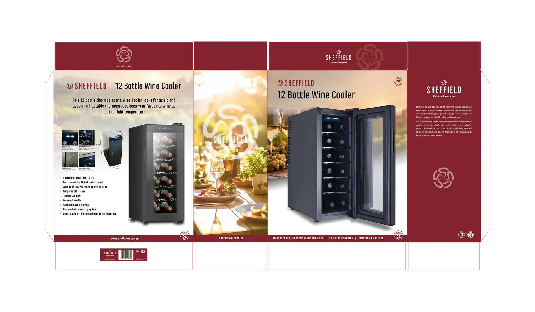 Sheffield 12 bottle wine cooler box artwork, flat