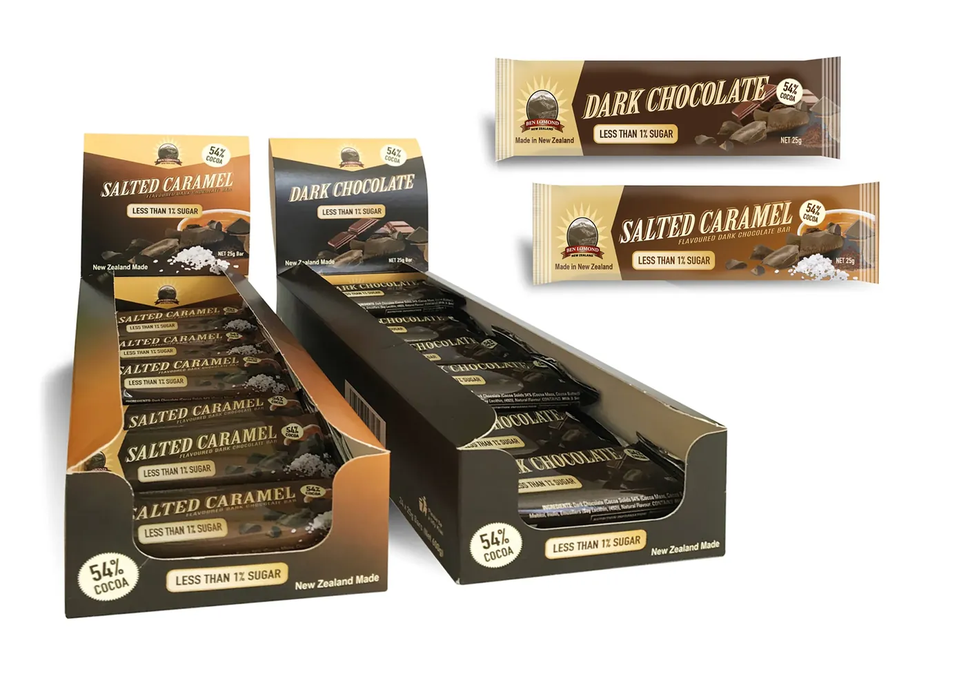 Dark Chocolate and Salted Caramel bars in retail display cartons