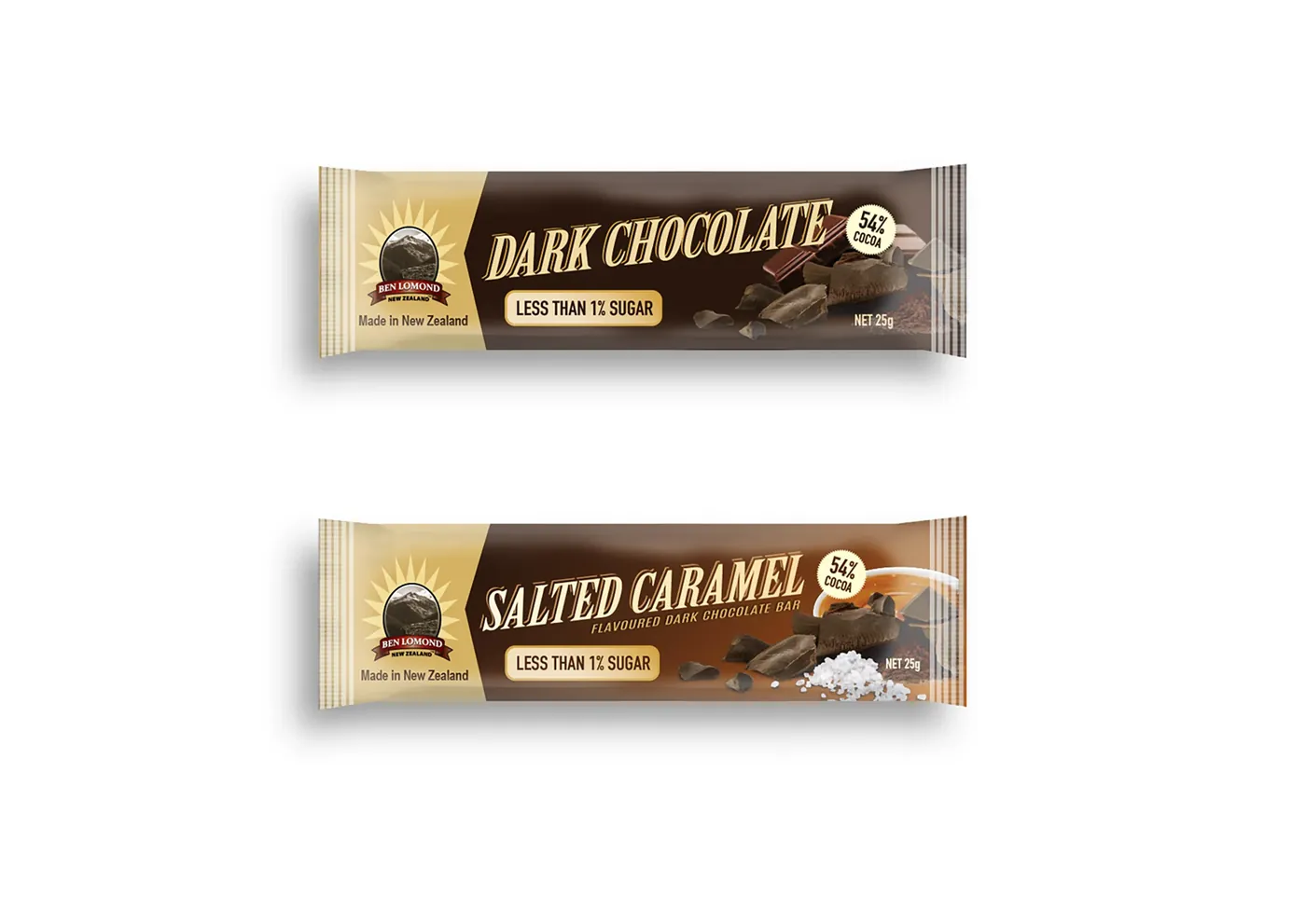 Dark Chocolate and Salted Caramel bar wrappers