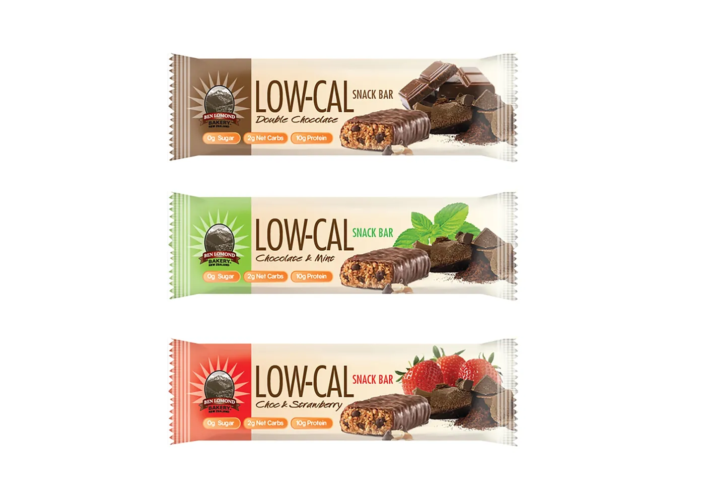 Low-Cal snack bar wrappers in three flavours