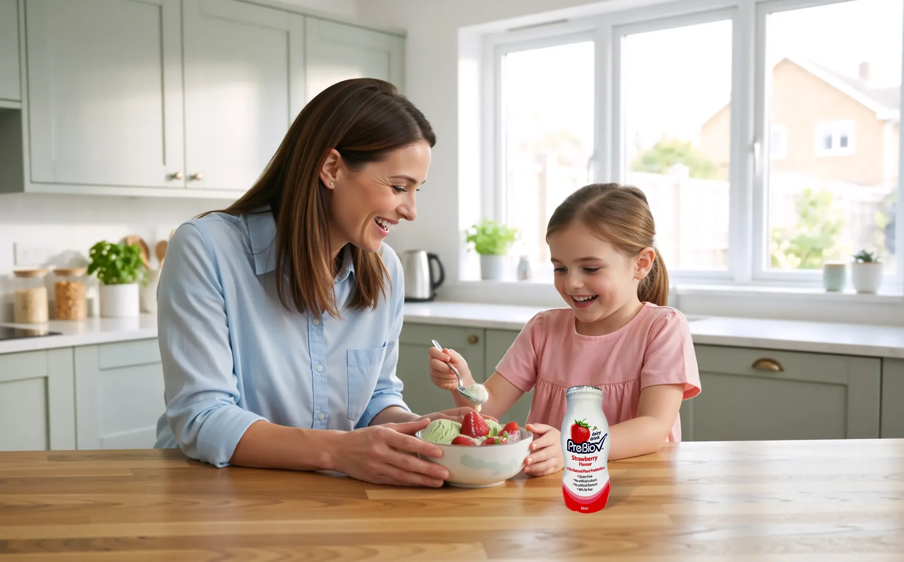 A mother and daughter at a kitchen bench with a PreBio strawberry dairy drink
