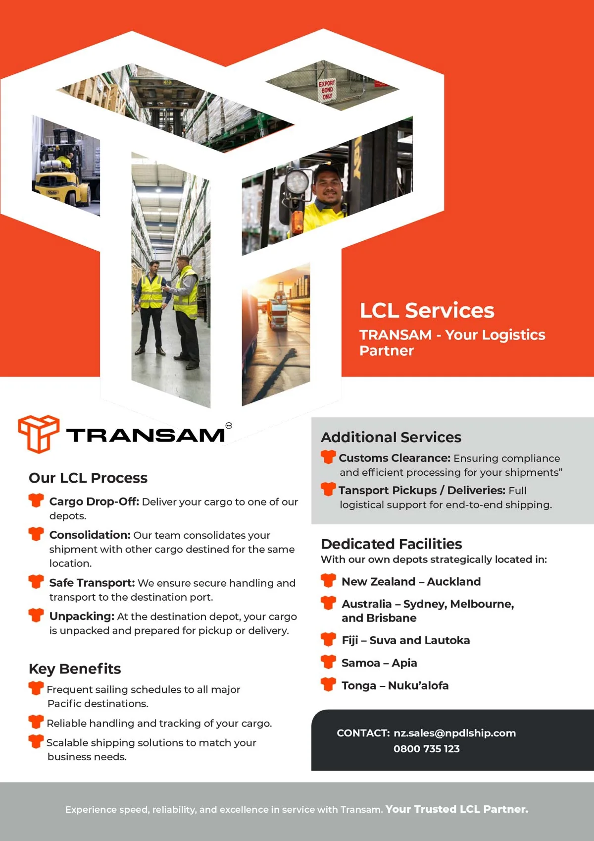 Transam LCL Services flyer, back: the LCL process, benefits and depots